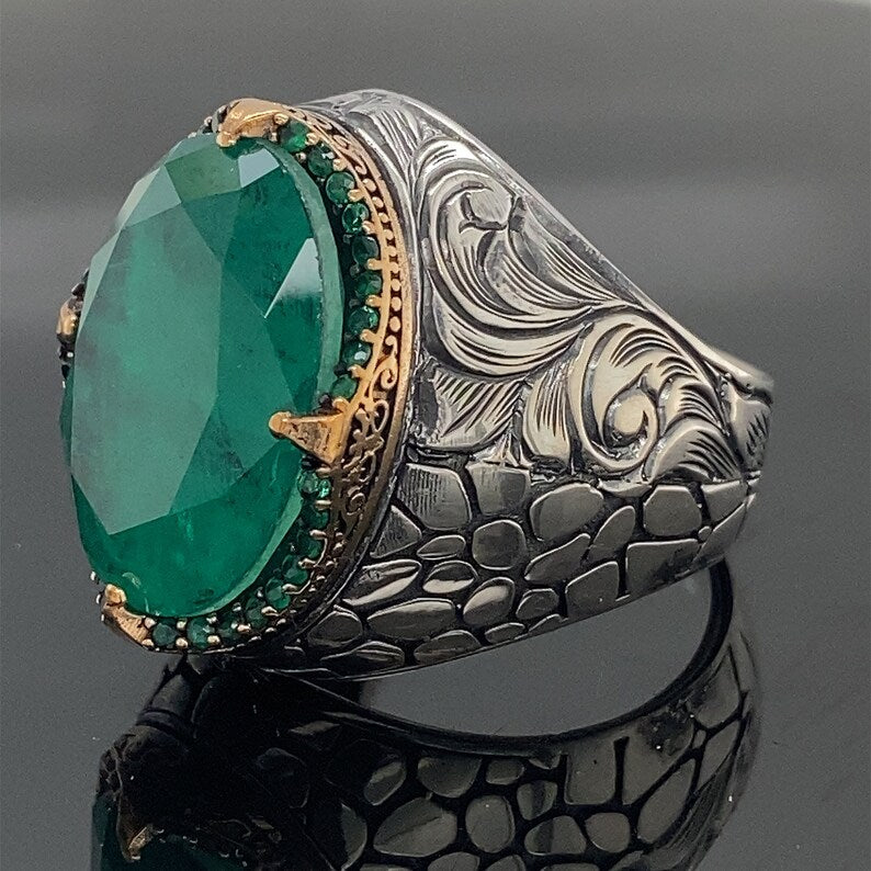 Unique Designed Turkish Style Ring with Natural Zambian Emerald |  Sterling Silver Oxidized Ring Authenticity and