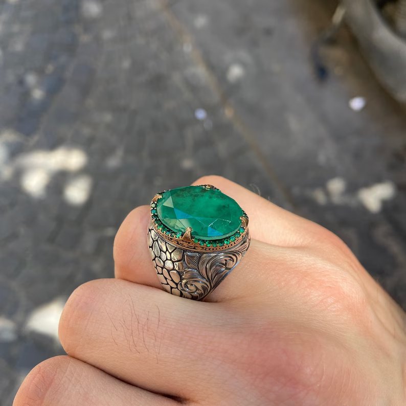 Unique Designed Turkish Style Ring with Natural Zambian Emerald |  Sterling Silver Oxidized Ring Authenticity and