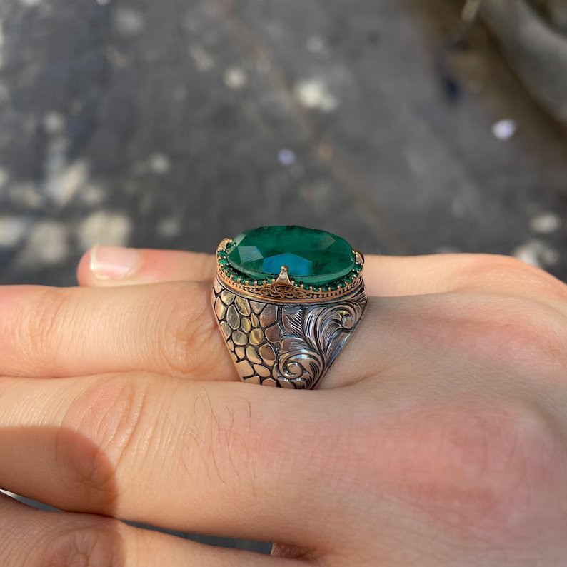 Unique Designed Turkish Style Ring with Natural Zambian Emerald |  Sterling Silver Oxidized Ring Authenticity and