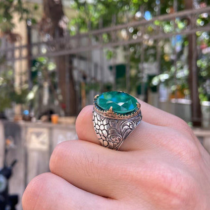Unique Designed Turkish Style Ring with Natural Zambian Emerald |  Sterling Silver Oxidized Ring Authenticity and