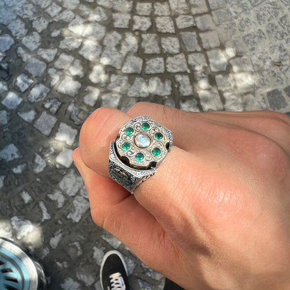 Zyan Gems | Unique Designed Turkish Style Ring with 6 Stone Emerald Ring |  Sterling Silver Oxidized Ring