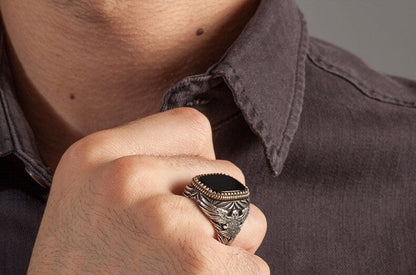 Zyan Gems | Unique  Eagle Designed Turkish Style Ring with Natural Black Onyx | Black Rhodium & Gold Plated  Sterling Silver Ring