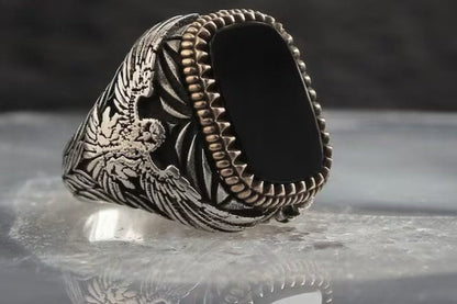 Zyan Gems | Unique  Eagle Designed Turkish Style Ring with Natural Black Onyx | Black Rhodium & Gold Plated  Sterling Silver Ring