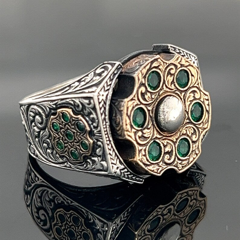 Zyan Gems | Unique Designed Turkish Style Ring with 6 Stone Emerald Ring |  Sterling Silver Oxidized Ring