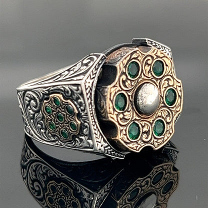 Zyan Gems | Unique Designed Turkish Style Ring with 6 Stone Emerald Ring |  Sterling Silver Oxidized Ring