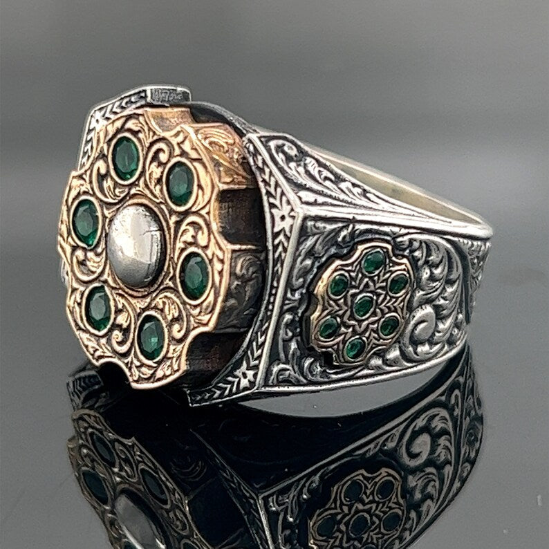 Zyan Gems | Unique Designed Turkish Style Ring with 6 Stone Emerald Ring |  Sterling Silver Oxidized Ring