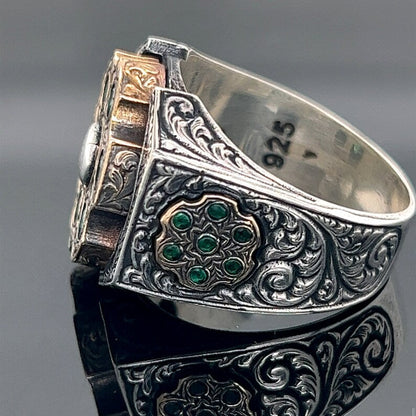 Zyan Gems | Unique Designed Turkish Style Ring with 6 Stone Emerald Ring |  Sterling Silver Oxidized Ring