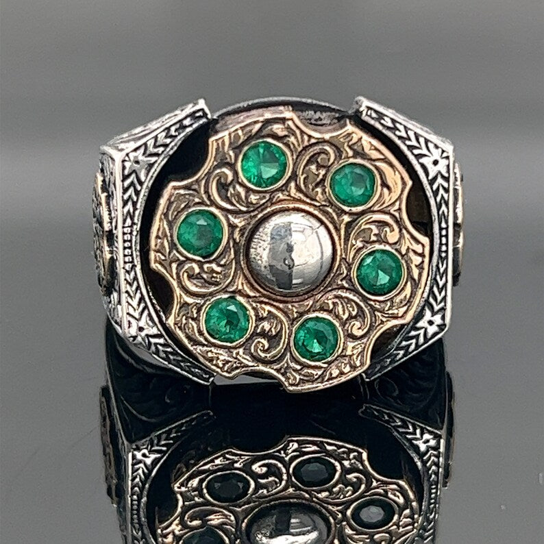 Zyan Gems | Unique Designed Turkish Style Ring with 6 Stone Emerald Ring |  Sterling Silver Oxidized Ring