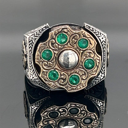 Zyan Gems | Unique Designed Turkish Style Ring with 6 Stone Emerald Ring |  Sterling Silver Oxidized Ring