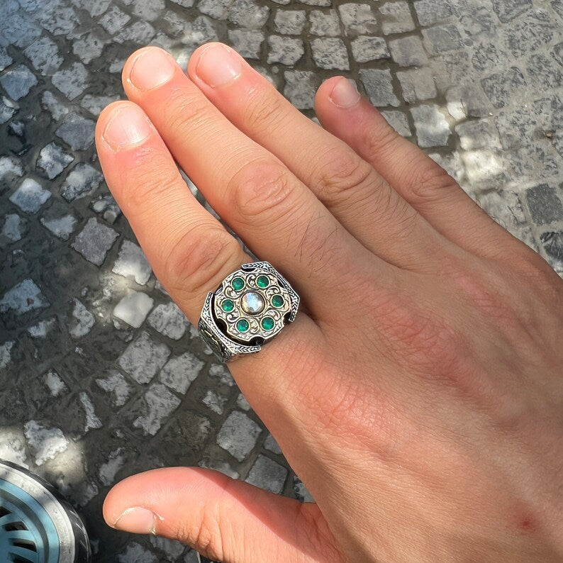 Zyan Gems | Unique Designed Turkish Style Ring with 6 Stone Emerald Ring |  Sterling Silver Oxidized Ring