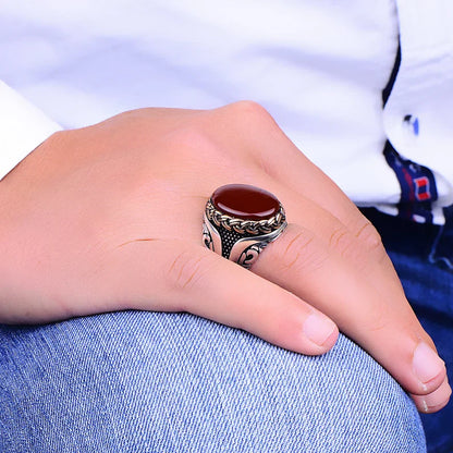 Zyan Gems | Unique Turkish Style Ring with Natural Red Agate  |  Sterling Silver Oxidized Ring