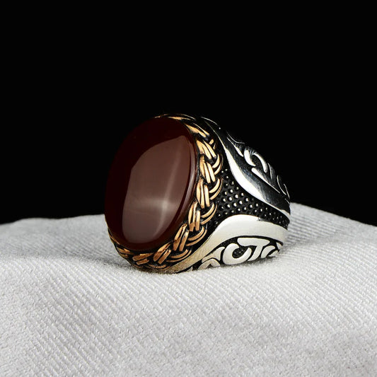 Zyan Gems | Unique Turkish Style Ring with Natural Red Agate  |  Sterling Silver Oxidized Ring