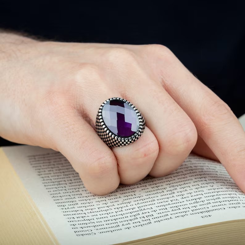 Zyan Gems | Unique Designed Turkish Style Ring with Purple Amethyst ,  Sterling Silver Oxidized Ring