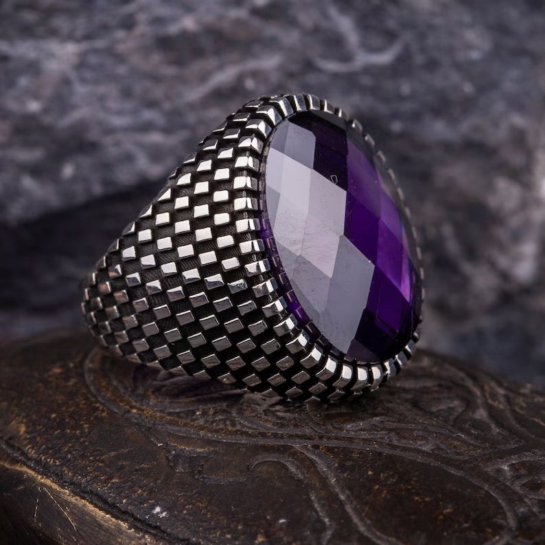 Zyan Gems | Unique Designed Turkish Style Ring with Purple Amethyst ,  Sterling Silver Oxidized Ring