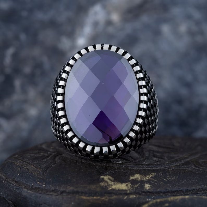 Zyan Gems | Unique Designed Turkish Style Ring with Purple Amethyst ,  Sterling Silver Oxidized Ring