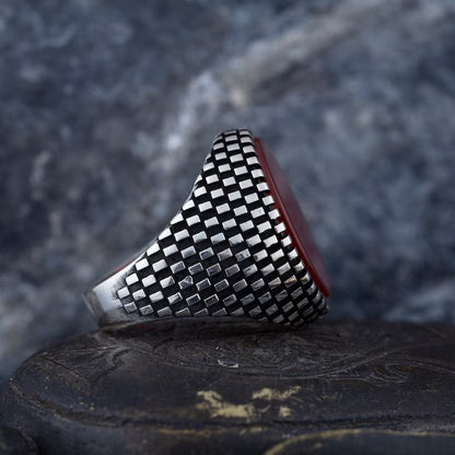 Zyan Gems | Unique Turkish Style Ring with Natural Red Agate  |  Sterling Silver Oxidized Ring
