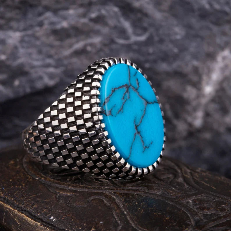 Zyan Gems | Unique Designed Turkish Style Ring with Natural Irani Turquoise (Firoza) |  Sterling Silver Oxidized Ring