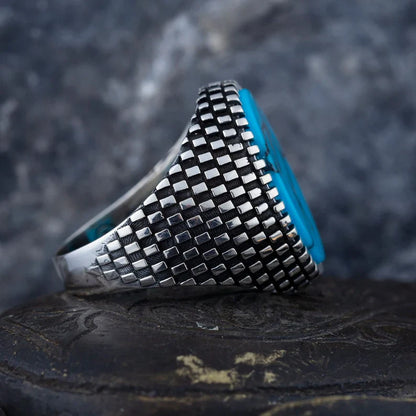 Zyan Gems | Unique Designed Turkish Style Ring with Natural Irani Turquoise (Firoza) |  Sterling Silver Oxidized Ring