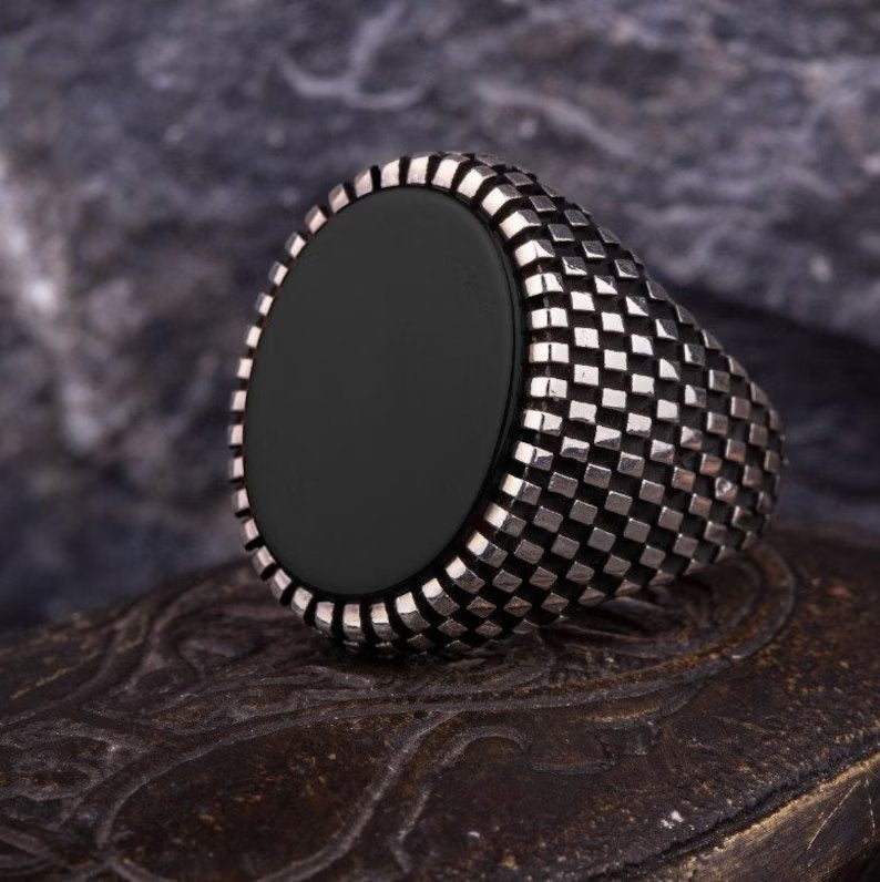 Zyan Gems | Classic Signet Ring with Natural Black Onyx |  Sterling Silver Ring