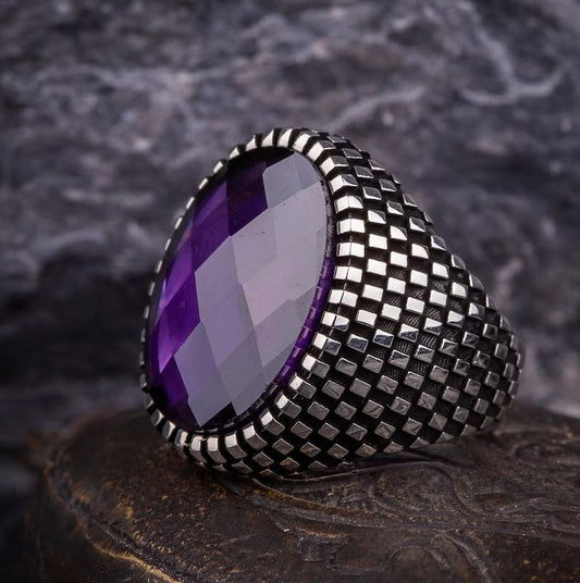 Zyan Gems | Unique Designed Turkish Style Ring with Purple Amethyst ,  Sterling Silver Oxidized Ring