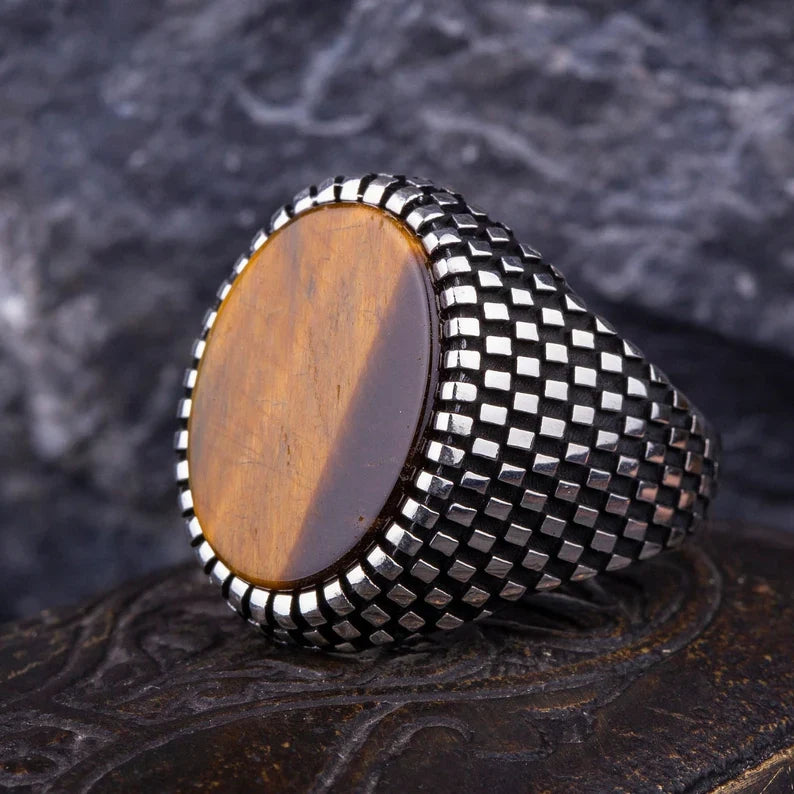 Zyan Gems | Unique Designed Turkish Style Ring with Natural Tiger Eye  |  Sterling Silver Oxidized Ring