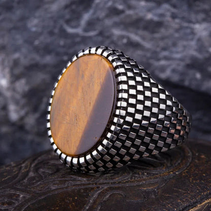 Zyan Gems | Unique Designed Turkish Style Ring with Natural Tiger Eye  |  Sterling Silver Oxidized Ring