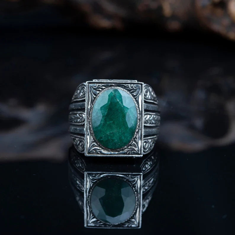 Zyan Gems | Unique Designed Turkish Style Ring with Emerald |  Sterling Silver Oxidized Ring