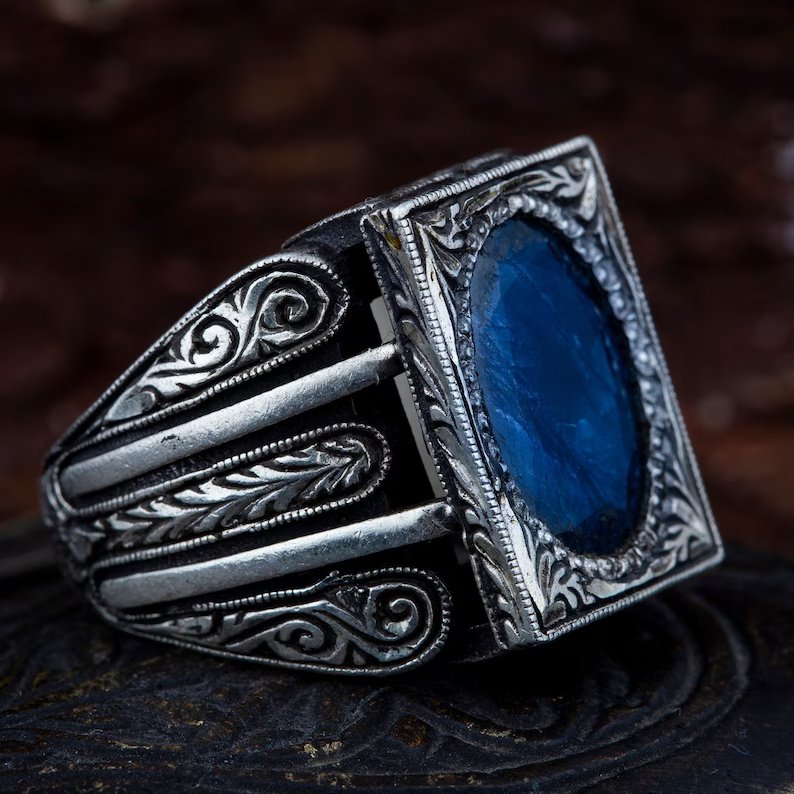 Zyan Gems | Unique Turkish Style Ring with S Blue Sapphire, Oxidized Sterling Silver  Ring | Jewellery for Men