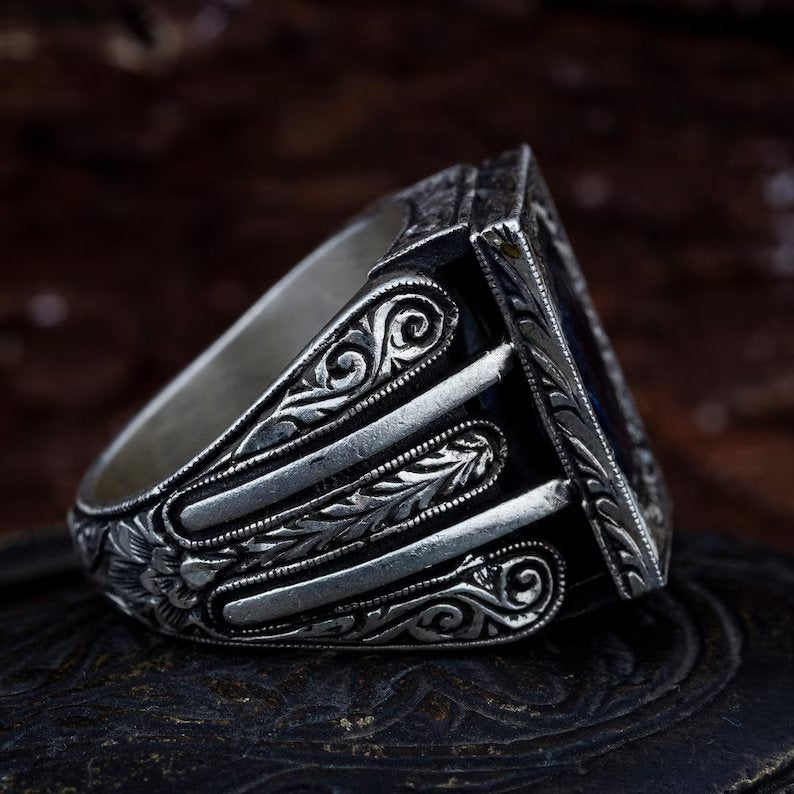 Zyan Gems | Unique Turkish Style Ring with S Blue Sapphire, Oxidized Sterling Silver  Ring | Jewellery for Men