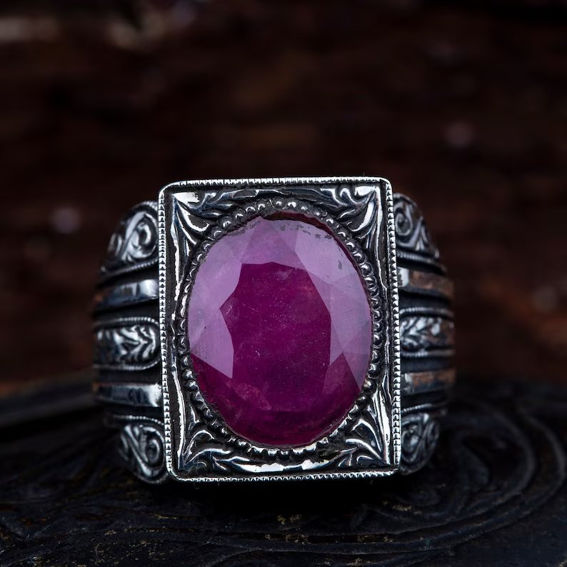 Zyan Gems | Unique Designed Turkish Style Heavy Ring with Natural Red Ruby GOLD PLATED Micron Plated 925 Sterling Silver Oxidized Ring Jewelry Authenticity and 925
