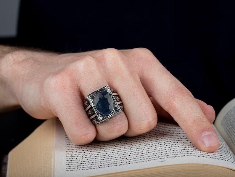 Zyan Gems | Unique Turkish Style Ring with S Blue Sapphire, Oxidized Sterling Silver  Ring | Jewellery for Men