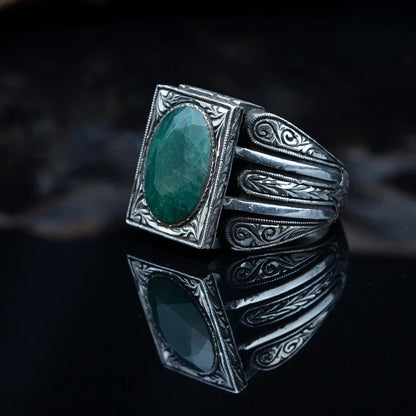 Zyan Gems | Unique Designed Turkish Style Ring with Emerald |  Sterling Silver Oxidized Ring
