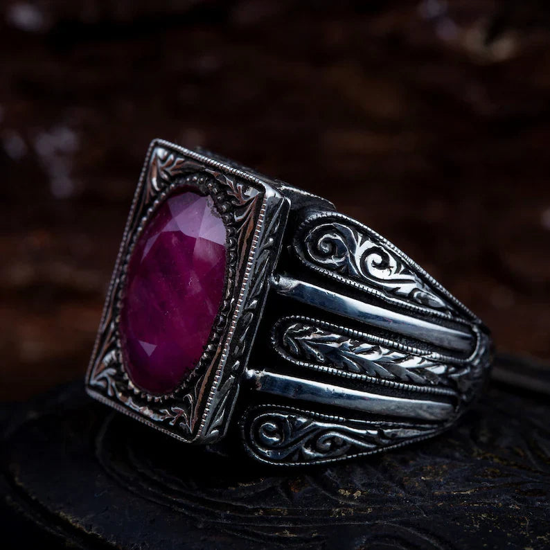 Zyan Gems | Unique Designed Turkish Style Heavy Ring with Natural Red Ruby |  Gold Micron Plated  Sterling Silver Oxidized Ring