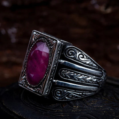 Zyan Gems | Unique Designed Turkish Style Heavy Ring with Natural Red Ruby GOLD PLATED Micron Plated  Sterling Silver Oxidized Ring