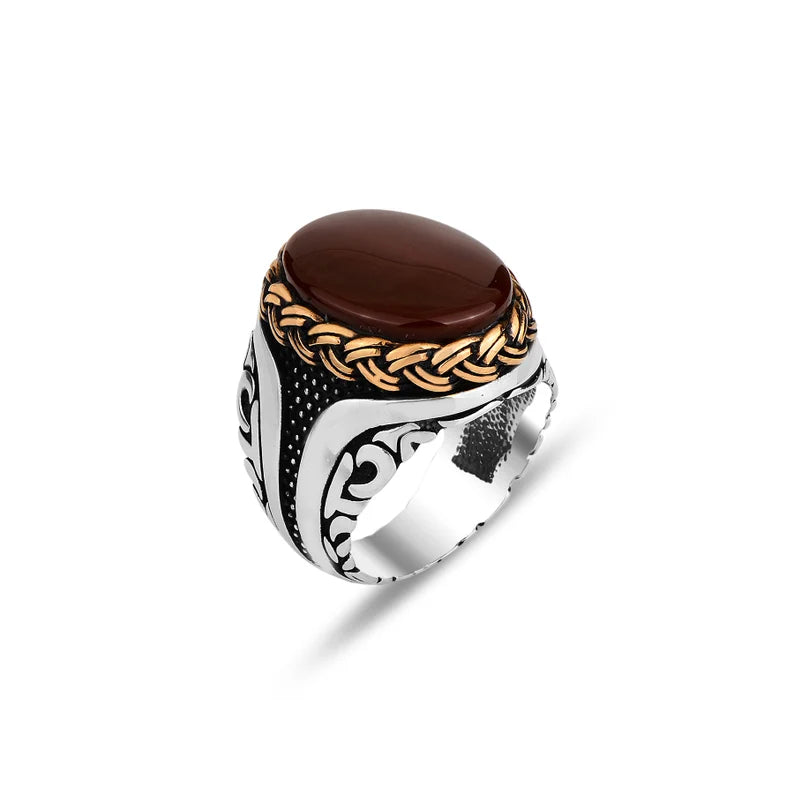 Zyan Gems | Unique Turkish Style Ring with Natural Red Agate  |  Sterling Silver Oxidized Ring