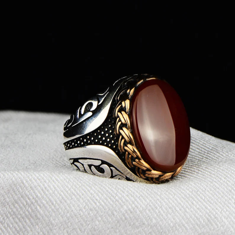 Zyan Gems | Unique Turkish Style Ring with Natural Red Agate  |  Sterling Silver Oxidized Ring