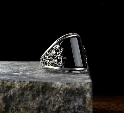 Zyan Gems | Unique Designed Turkish Style Curved Ring with Natural Black Onyx |  Sterling Silver Ring