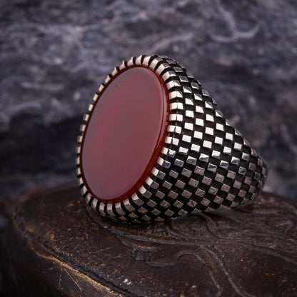 Zyan Gems | Unique Turkish Style Ring with Natural Red Agate  |  Sterling Silver Oxidized Ring