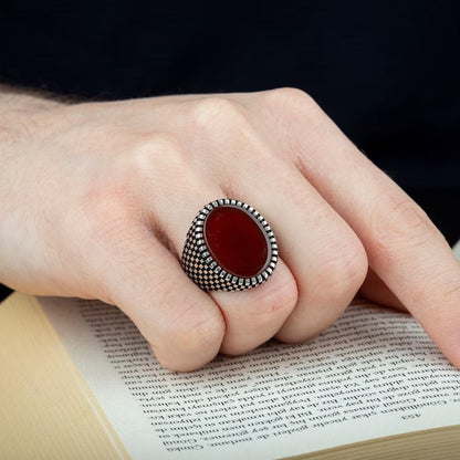 Zyan Gems | Unique Turkish Style Ring with Natural Red Agate  |  Sterling Silver Oxidized Ring