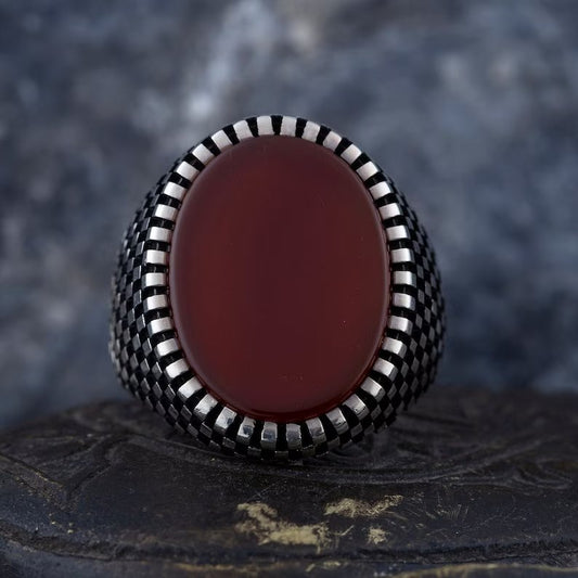 Zyan Gems | Unique Turkish Style Ring with Natural Red Agate  |  Sterling Silver Oxidized Ring