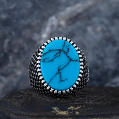 Zyan Gems | Unique Designed Turkish Style Ring with Natural Irani Turquoise (Firoza) |  Sterling Silver Oxidized Ring