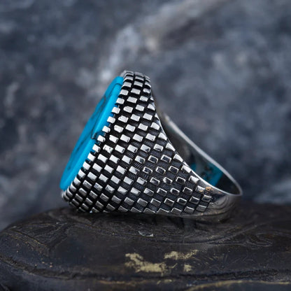 Zyan Gems | Unique Designed Turkish Style Ring with Natural Irani Turquoise (Firoza) |  Sterling Silver Oxidized Ring