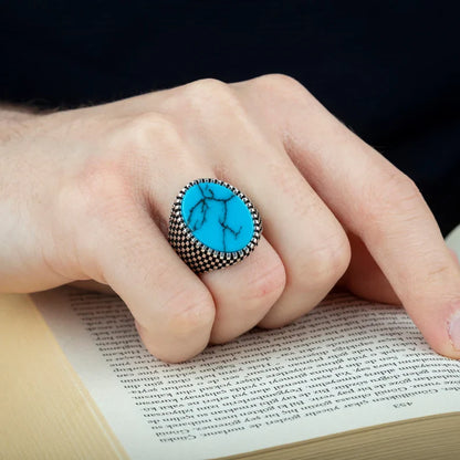 Zyan Gems | Unique Designed Turkish Style Ring with Natural Irani Turquoise (Firoza) |  Sterling Silver Oxidized Ring