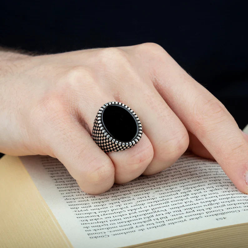 Zyan Gems | Classic Signet Ring with Natural Black Onyx |  Sterling Silver Ring