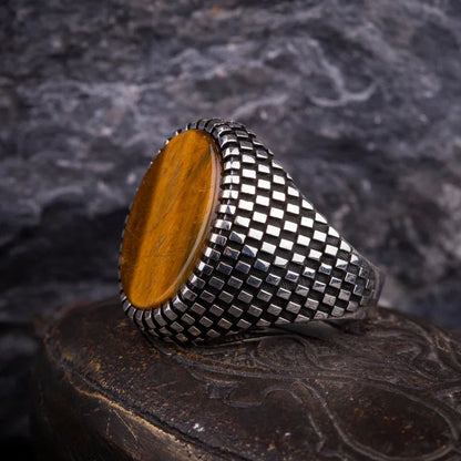 Zyan Gems | Unique Designed Turkish Style Ring with Natural Tiger Eye  |  Sterling Silver Oxidized Ring