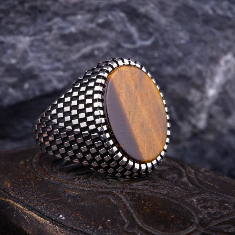 Zyan Gems | Unique Designed Turkish Style Ring with Natural Tiger Eye  |  Sterling Silver Oxidized Ring