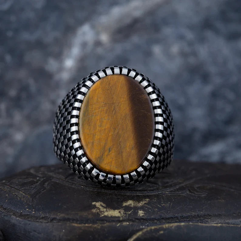 Zyan Gems | Unique Designed Turkish Style Ring with Natural Tiger Eye  |  Sterling Silver Oxidized Ring