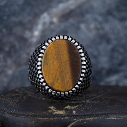 Zyan Gems | Unique Designed Turkish Style Ring with Natural Tiger Eye  |  Sterling Silver Oxidized Ring