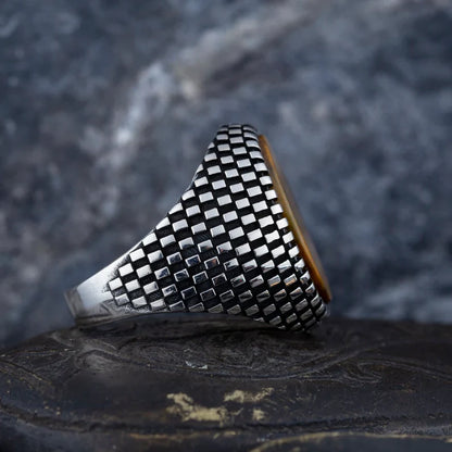 Zyan Gems | Unique Designed Turkish Style Ring with Natural Tiger Eye  |  Sterling Silver Oxidized Ring