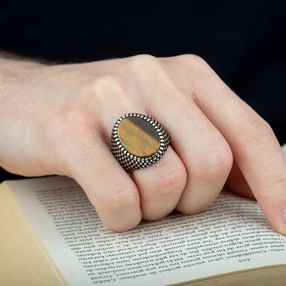 Zyan Gems | Unique Designed Turkish Style Ring with Natural Tiger Eye  |  Sterling Silver Oxidized Ring